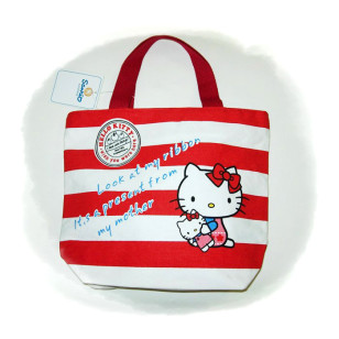 Hello Kitty - Red And White Stripe Canvas Official Lunch Box Tote Bag / Hand Bag NWT